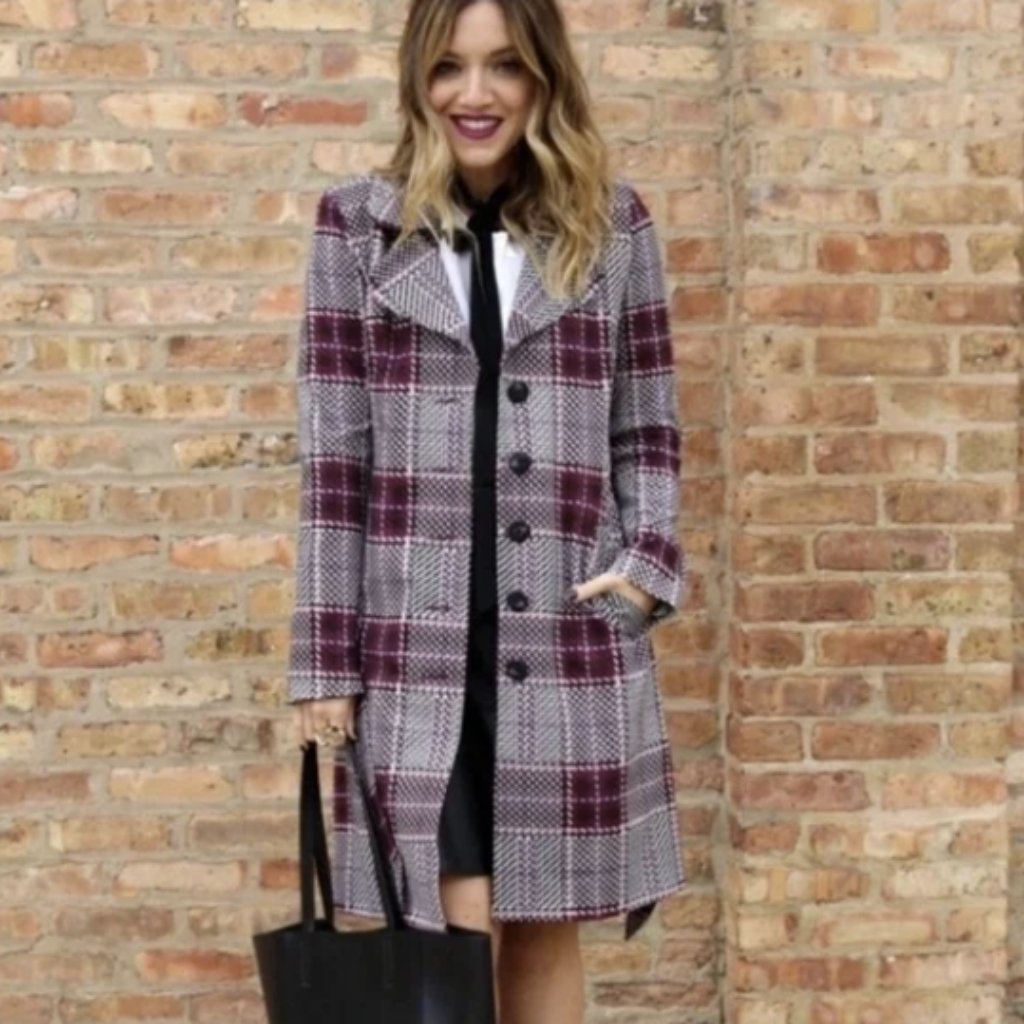 Cabi Sovereign Mulberry Purple Plaid Belted Knit Trench Coat Jacket #3370